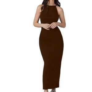 Solid Halter Neck Solid Bodycon Midi Dress for Women(Brown)