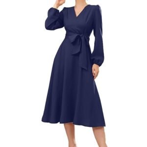 Women's Polyester A-line V-Neck Bishop Sleeve Midi Belted Dress(Blue)