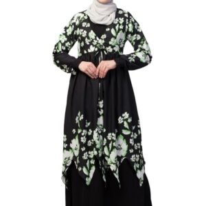 Dual Layer Abaya Dress with Detachable Shrug Made with Printed Crepe and Nida Matte Fabric