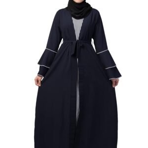 Dual Layer Abaya Dress with attached Shrug and Striped Inner Made with Nida Matte and Crepe Fabric (Navy Blue)