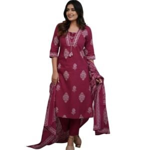 Women's Pure Cotton Printed with Handwork Kurta with Pants and Dupatta Set | Ethnic Set | Suit Set |Wedding Suit Set(Wine)