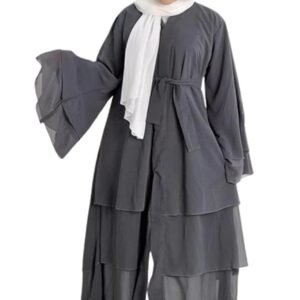 Grey Triple Layer Chiffon Front Open Abaya Muslim Dresses For Women Abaya With Hijab