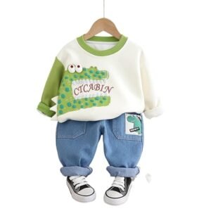 Unisex Kid Cotton Printed Clothing Set, Bubble Dino Print, Full Sleeve T-Shirt & Jogger, Soft Outfit, Casual Wear