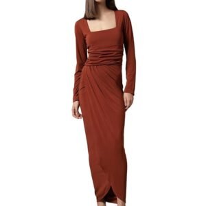 Women's Bodycon Midi Dress | Square Neck Wrap Style | Stretchable | Full Sleeve Fitted Dress for Party, Evening, Casual Outings & Date Night