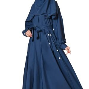 Women's Elegant Abaya Set with Button Details, Full Length Islamic Dress, Long Sleeve Maxi Dress with Niqab, Traditional Muslim Prayer Wear(Blue)