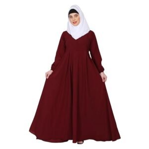 Women’s Full Flared Umbrella Abaya Dress with Frock-Style Appearance, Front Zipper & Full Sleeves(Maroon)