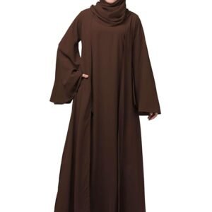 Dual Layer Abaya Dress Of Inner Abaya And Detachable Shrug With Uniquely Designed Cuff(Brown)
