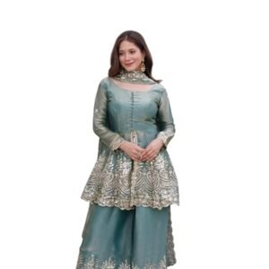 Women's Satin Silk Plazoo Set with Dupatta | Embroidered Short Kurti with Half Sleeves | Party, Ethnic Dress for Wedding