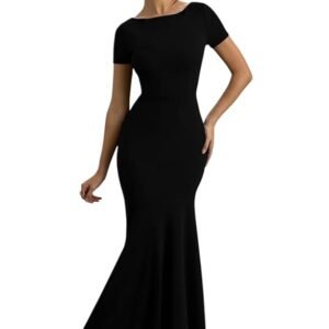 Women's Black Maxi Dress | Boat Neck | Short, Cap Sleeves | Bodycon Fit | Casual | Short Sleeves Dress for Women