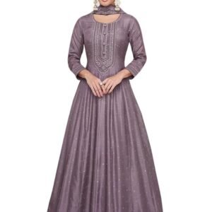 Women's Purple Chiffon Stitched Top with Chiffon Dupatta Full Sleeve Embroidered Anarkali Gown