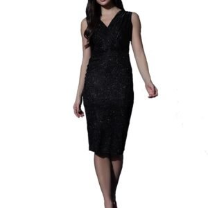 Bodycon Glitter Sleeveless Dress for Women | Shimmer Sleeveless Midi Outfit with Ruched Detailing