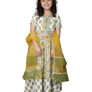 Girls Cotton Floral Printed Gotta Work 3/4 Sleeves Flared Design Kurti & Sharara Set(Yellow)