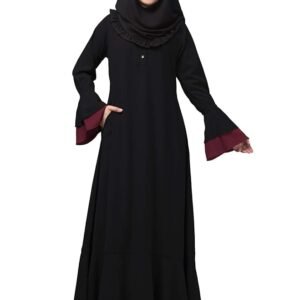 Women's Maxi Dress With Bell Sleeves and Elasticated Sleeves - Made with Nida Matte Fabric(Black Maroon)