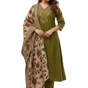 Women Embroidery Straight Kurta and Pant Set with Dupatta(Green)