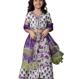Girls Cotton Floral Printed Gotta Work 3/4 Sleeves Flared Design Kurti & Sharara Set(Purple)