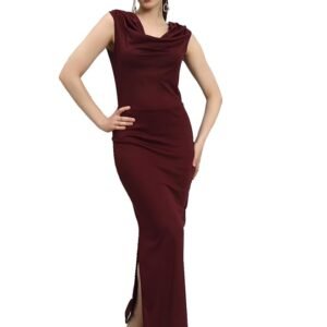 Sleeveless Party Dress for Women with Side Slits | Shiny Lycra Cowl Neck Bodycon Maxi Length Outfit(Wine)