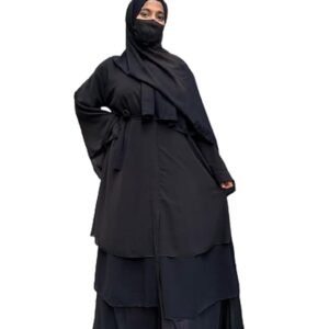 Black Triple Layer Chiffon Front Open Abaya Muslim Dresses For Women Abaya With Hijab