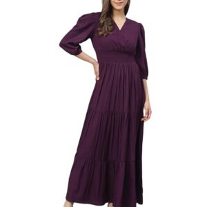 Women's Fit and Flare Maxi Dress Rayon 3/4 Sleeve Solid V-Neck Evening Dress(Wine)