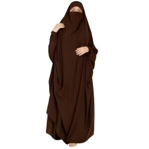 Dual Layer Abaya Dress with attached Shrug Made with Nida Matte Fabric with Side Pockets(Brown)