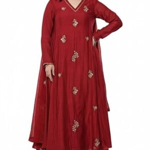 Women Embroidery Solid Anarkali Kurta and Pant Set with Dupatta(Red)