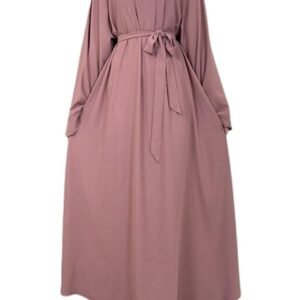 Plain Dubai Long Sleeves Muslim Women Islamic Dress Plain Umbrella Abaya With Belt Style(Pink)
