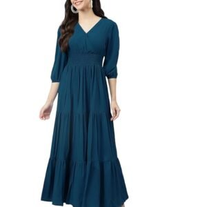 Women's Fit and Flare Maxi Dress Rayon 3/4 Sleeve Solid V-Neck Evening Dress(Blue)