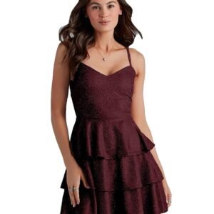 V-Neck Shoulder Straps Sleeve Glam Glitter Ruffled Tiered Fit Above Knee Length Women Solid Fit and Flare Dress