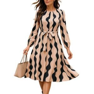 Women’s A-Line Midi Dress | Long Sleeve Belted Fit and Flare Gown | Elegant Printed Casual Outfit