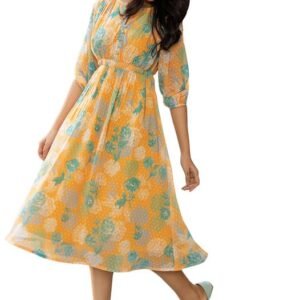 Women's Fit and Flare Midi Dobby Georgette Floral Printed Flared Dress （Mustard）