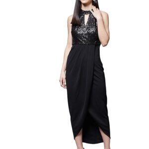 Women's Wine Halter Neck Sleeveless Solid Embellished Midi Dress(Black)