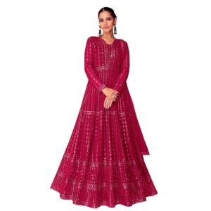 Women's Faux Georgette Stitched Top With Unstitched Bottom and Dupatta Full Sleeve Embroidered Anarkali Gown(Pink)