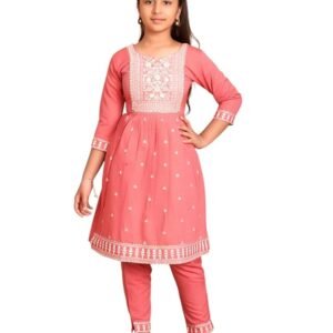 Girls Ethnic Wear Peach Colour Thread Embroidery Kurti Pant Set
