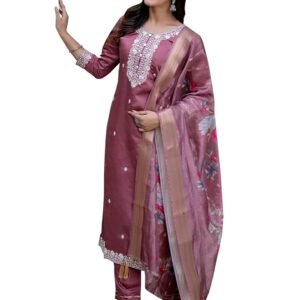 Women’s Viscose Roman Silk Embroidery Straight Kurta Pant with Dupatta Set | Ethnic Casual Set(Purple)