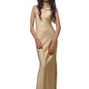 Pale Gold Satin Sleeveless, Comfortable Long Length Dress for Bridesmaid, Brides to be, Parties and Other Occasions