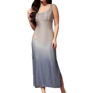 Bodycon Sleeveless Party Dress for Women | Shimmer Glitter Fabric Midi Silver Navy Ombre Outfit
