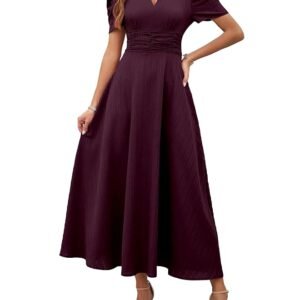Women's Solid Color V-Neck A-Line Maxi Dress for Women | New Year Party Outfit | Waist Cinched Puff Sleeve Western Dress