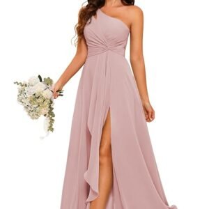 Chiffon One Shoulder Bridesmaid Dress with Pleated Bodice Long A Line Prom Dress for Women