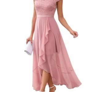 Women's V-Neck Dress for Women Wedding Guest Hi-Lo Floral Lace Prom Cocktail Party Formal Bridesmaid Dress(Pink)