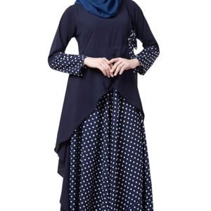 Polka Dotted Asymmetrical Long Maxi Abaya Dress for Women Made in Nida & Crepe Fabric with Long Sleeves(Navy Blue)