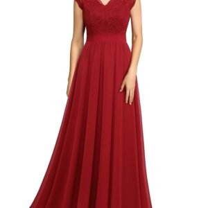 Women's V Neck Sleeveless Lace Bridesmaid Dress Wedding Party Gown(Red)