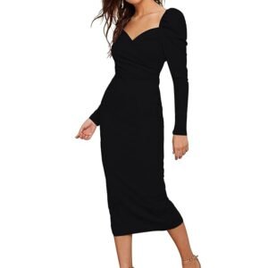 Women One Piece Puff Sleeve, Sweetheart Neck, Long Sleeve Casual Formal Cocktail Midi Black Bodycon Dress (Black)