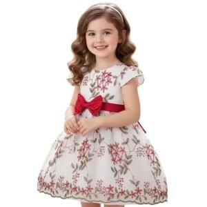 Girls' Dress| Elegant Floral Embroidered Baby Girl Party Dress with Bow | Soft Net Layered Frock