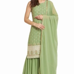 Women's Georgette Straight Kurta Sharara Set with Dupatta(Pista)
