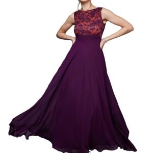 Women's Brick Red & Dusty Green Boat Neck Sleeveless Self Design Lace Overlaid Regular Dress(Dark Purple)