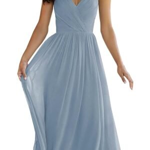 Women's V Neck Bridesmaid Dress Long for Wedding A-Line Chiffon Open Back Formal Gown with Pockets(Blue)