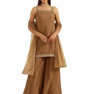 Women's Brown Viscose Chanderi  Straight Kurta with Palazzo and Dupatta