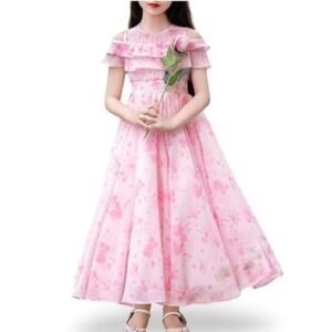Girls Casual Floral Round Neck Cap Sleeves Fit and Flare Straight Full Length Gown Dress