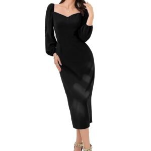 Bodycon Bishop Puff Sleeve One Piece Dress Causal Formal(Black)