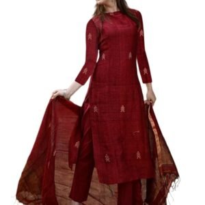 Pure Cotton Maroon Kurta Pant Set with Dupatta for Women | 3 Piece Gold Hand Block Printed Suit Set