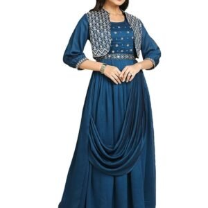 Women's Long Gown for Solid Silk with Heavy Embroidery and Hand Work Belt and Jacket with Round Neck Gown